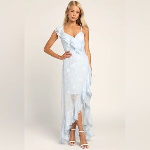 Lulus light blue floral jacquard ruffled maxi dress